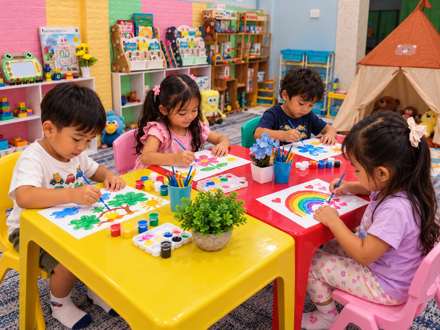 Illustrative KKEH-inspired image of young children painting and exploring creativity